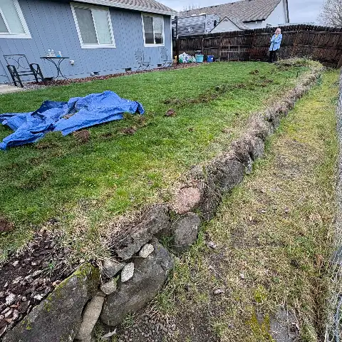 backyard slope before service with weedy grass, a rock retaining wall and a blue tarp on the lawn